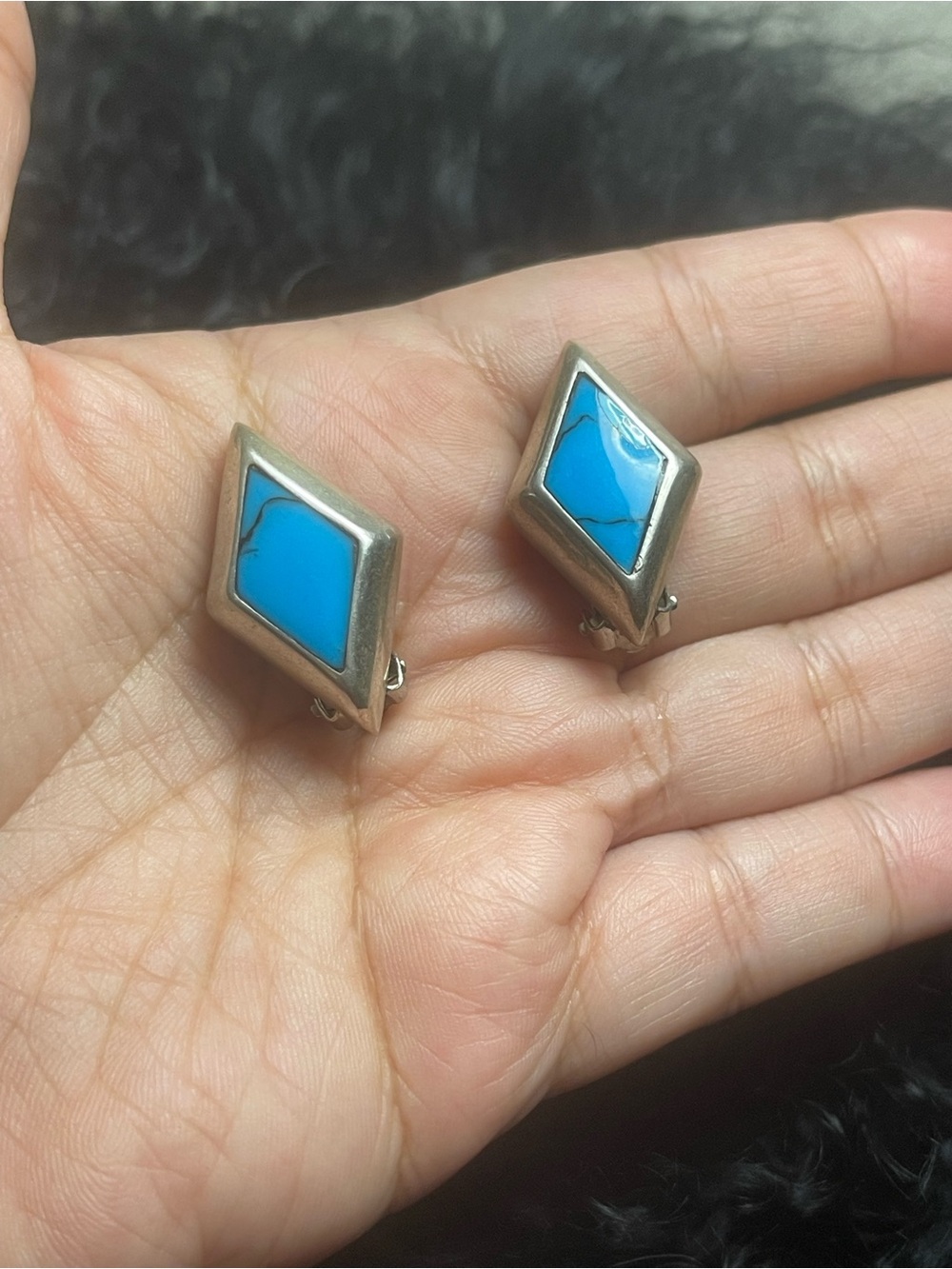 Sterling turquoise diamond shaped clip on earrings hallmarked EUC Taxco Mexico